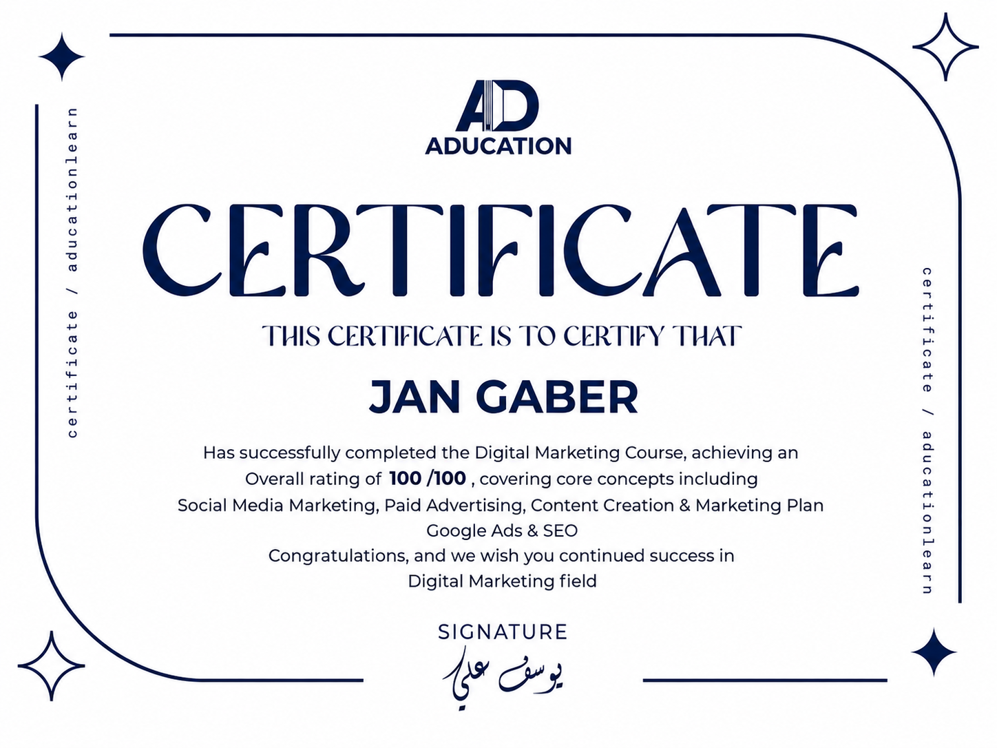 Digital Marketing Course certificate from AD Education awarded to Jan Gaber with an overall rating of 100/100